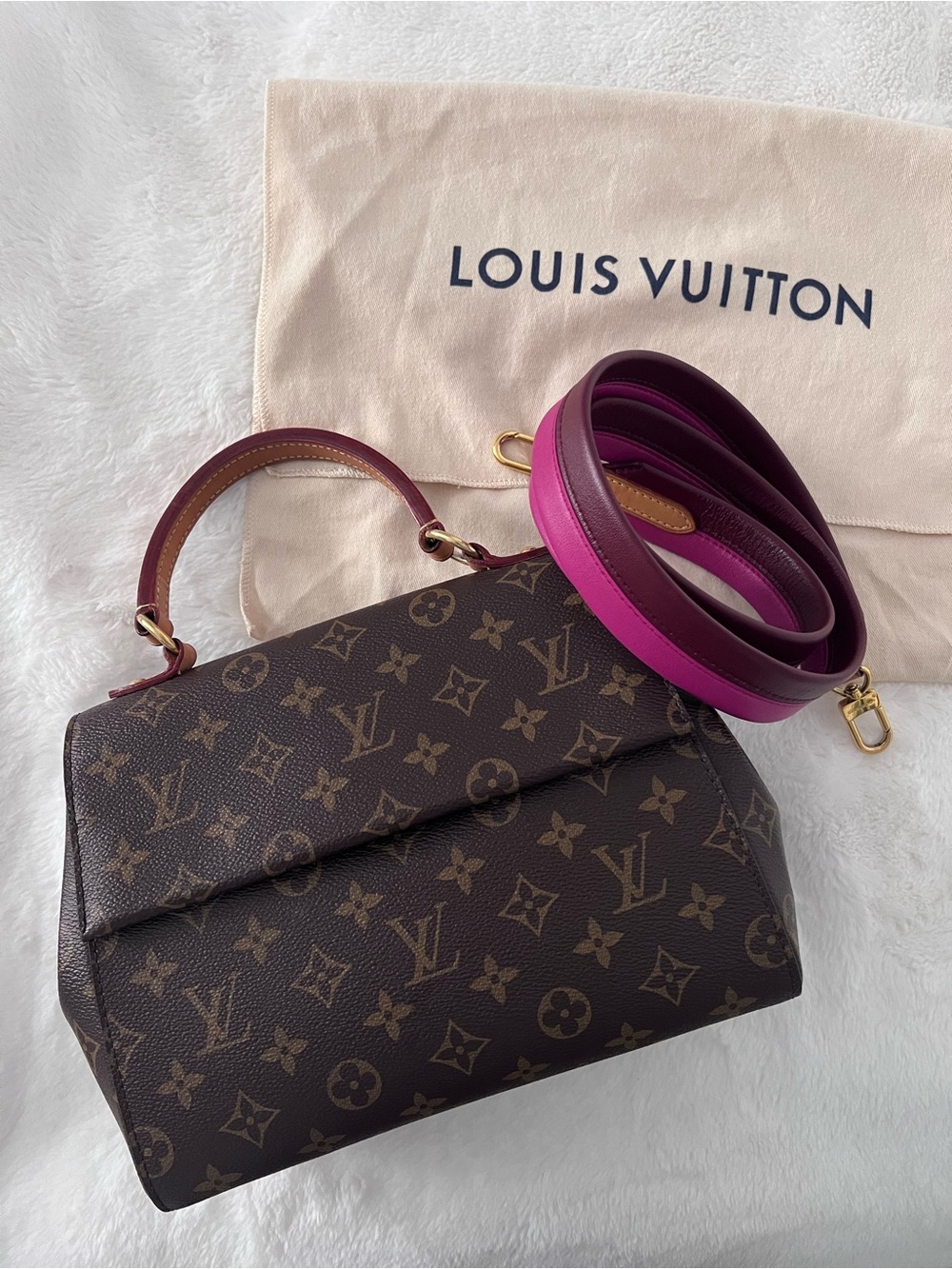 Louis Vuitton Cluny BB with Two-tone Crossbody Strap and Dust Bag, Monogram